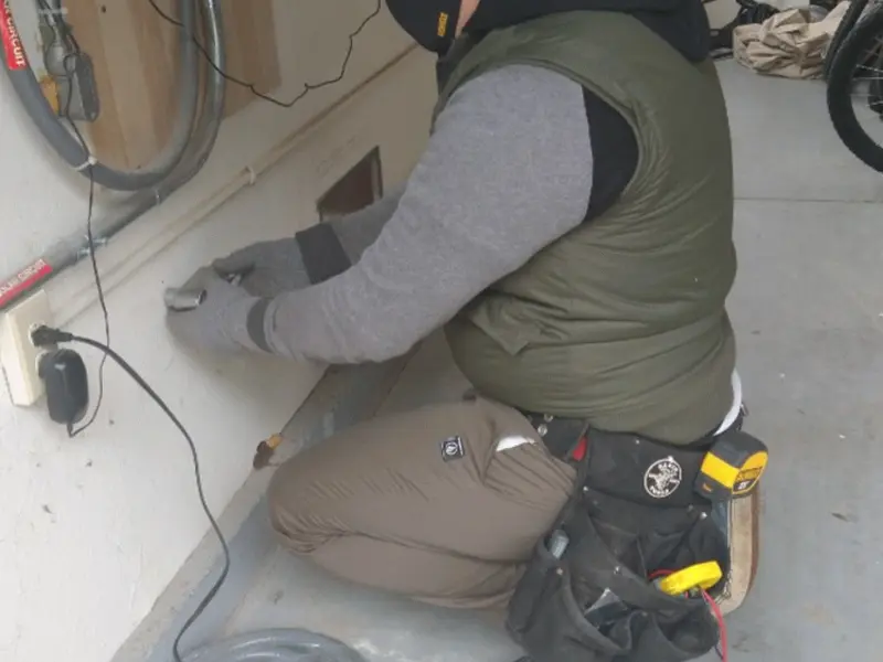 Electrician performing outlet wiring in a South Orange Village garage